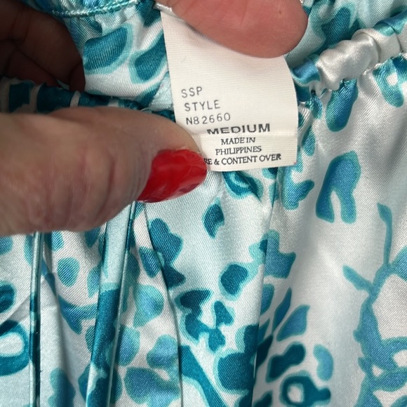 Full length, blue, turquoise and white stretch and tie waist Natori sleep pants - Picture 4 of 6